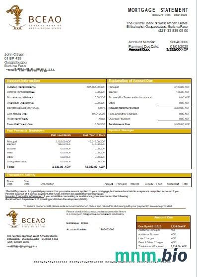 Burkina Faso Bank Centralny Państw Afryki Zachodniej wyciąg z kredytu hipotecznego szablon Word i PDF